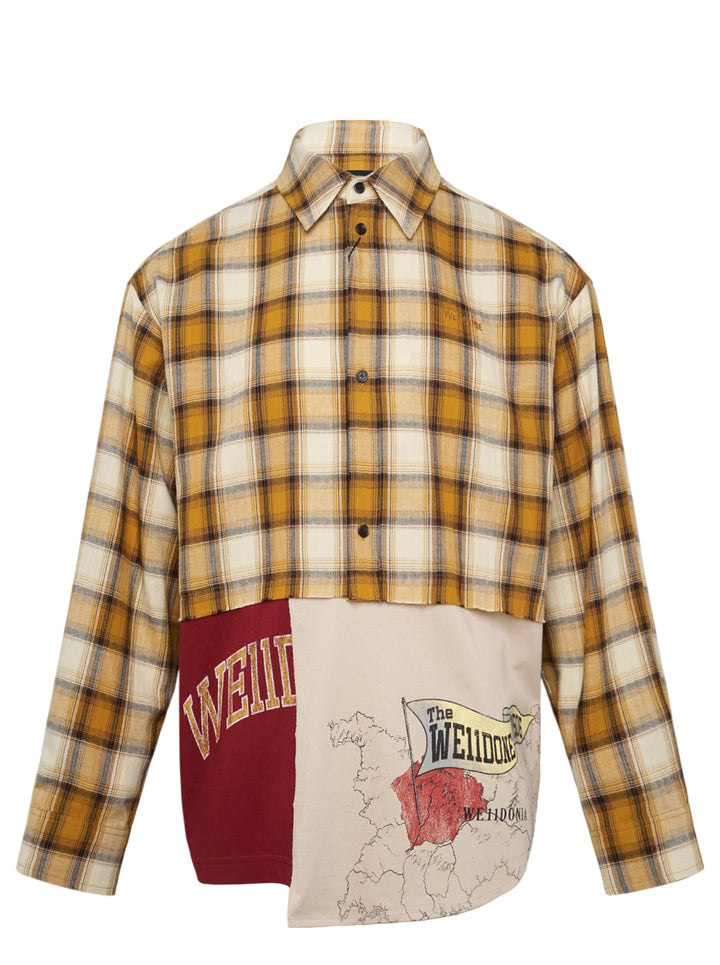 We11done Reworked Plaid Jersey Shirt in mustard yellow tartan flannel with burgundy varsity-lettered and ecru cartographic jersey panels, front view