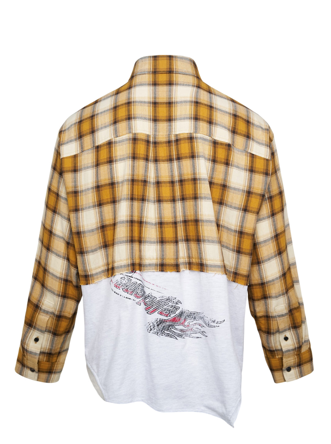 We11done Reworked Plaid Jersey Shirt in mustard yellow tartan flannel with burgundy varsity-lettered and ecru cartographic jersey panels, front view - view 2