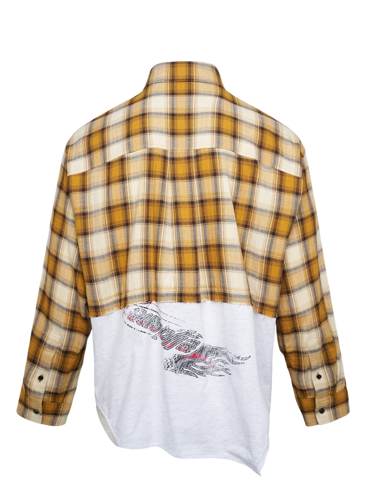 We11done Reworked Plaid Jersey Shirt in mustard yellow tartan flannel with burgundy varsity-lettered and ecru cartographic jersey panels, front view - view 2