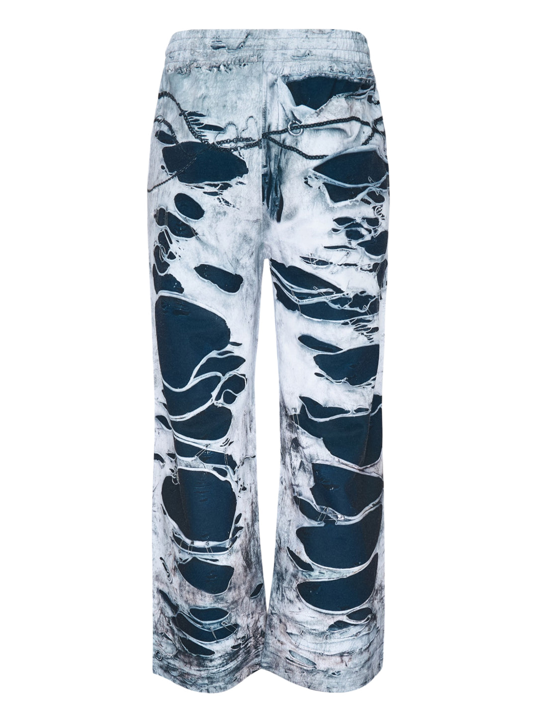 We11done Vintage Printed Sweatpants in light grey, back view, featuring an allover trompe-l'œil print of heavy distressing, chain hardware, and exposed dark denim layers on a wide-leg silhouette - view 2