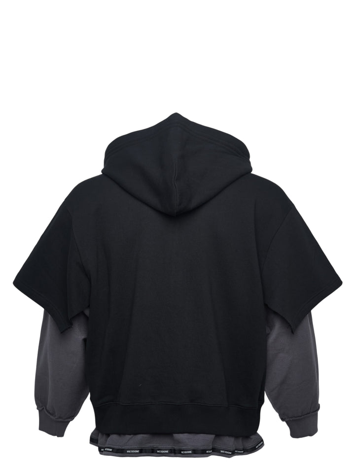 We11done Black Layered Double String Hoodie with contrast charcoal grey extended sleeves, full-length zip closure, logo drawstrings, and branded ribbed hem — front view - view 2