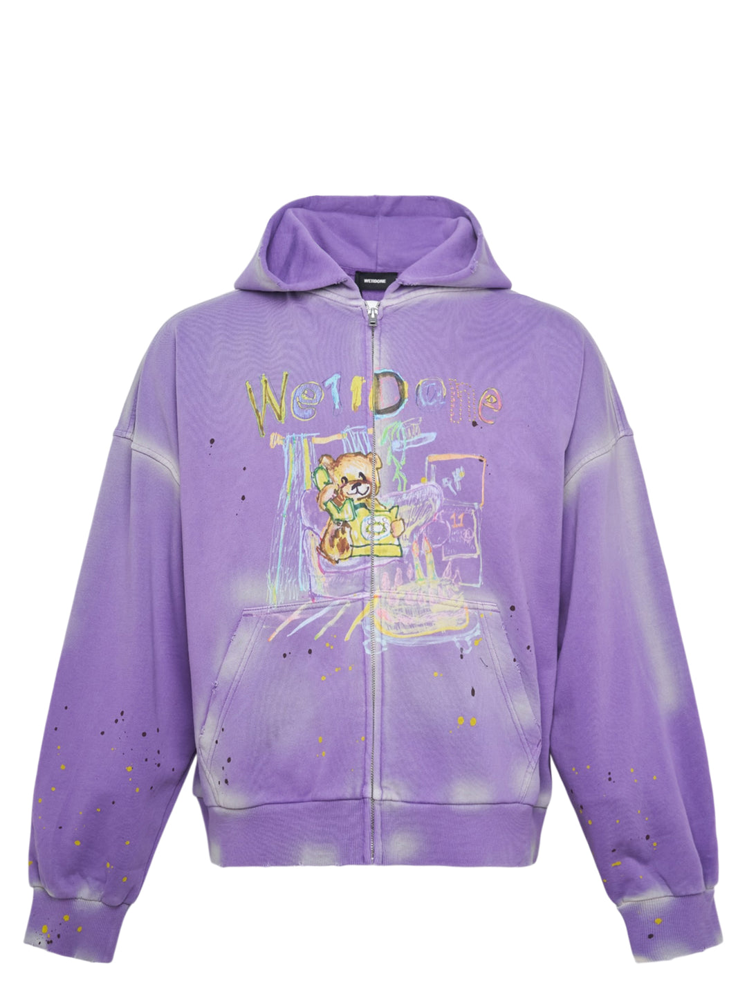 We11done Purple Anniversary Teddy Zip Hoodie with crayon-style teddy bear graphic, multicolour illustrative detailing, paint splatter, and bleach-wash distressing on an oversized silhouette