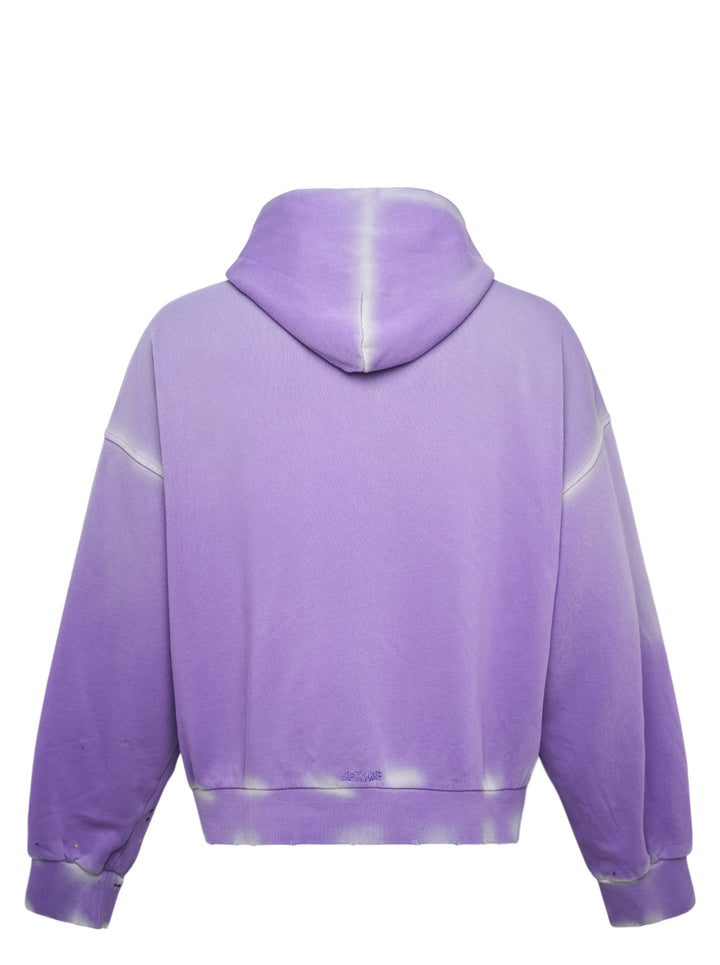 We11done Purple Anniversary Teddy Zip Hoodie with crayon-style teddy bear graphic, multicolour illustrative detailing, paint splatter, and bleach-wash distressing on an oversized silhouette - view 2