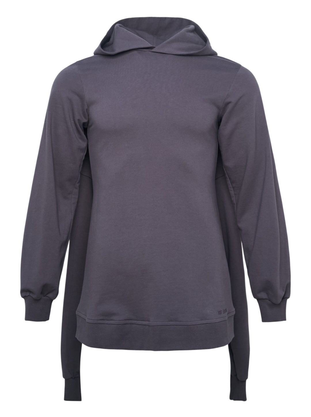 We11done Charcoal Layered Sleeve Hoodie — front view showing double-layered construction, draped oversized hood, and elongated ribbed hem panels