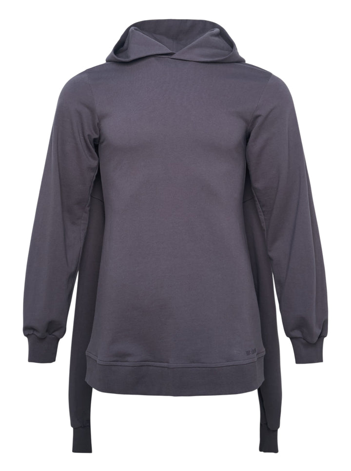We11done Charcoal Layered Sleeve Hoodie — front view showing double-layered construction, draped oversized hood, and elongated ribbed hem panels