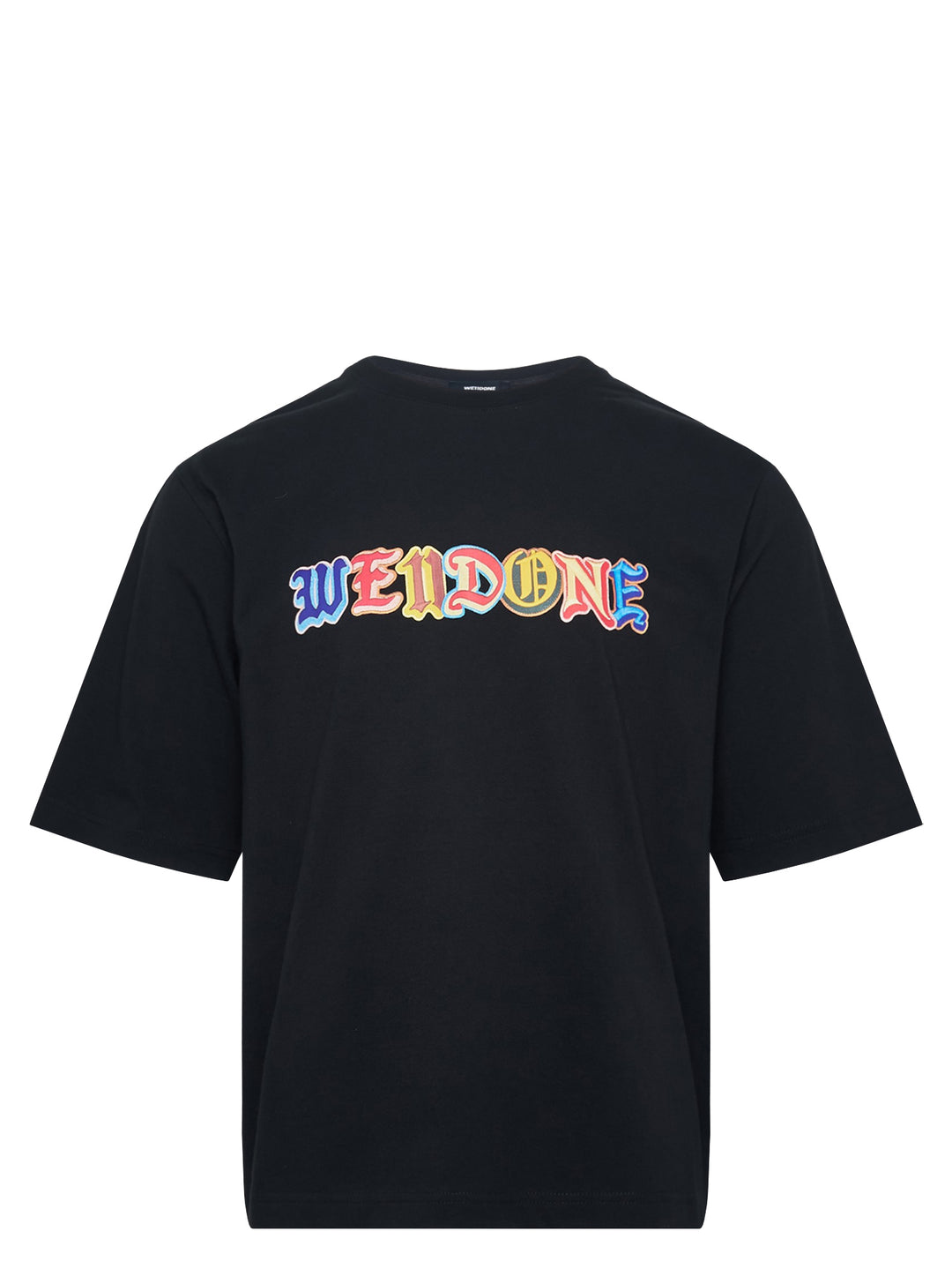 We11done black short sleeve oversized tee with multicolour Old English logo patch graphic across the chest