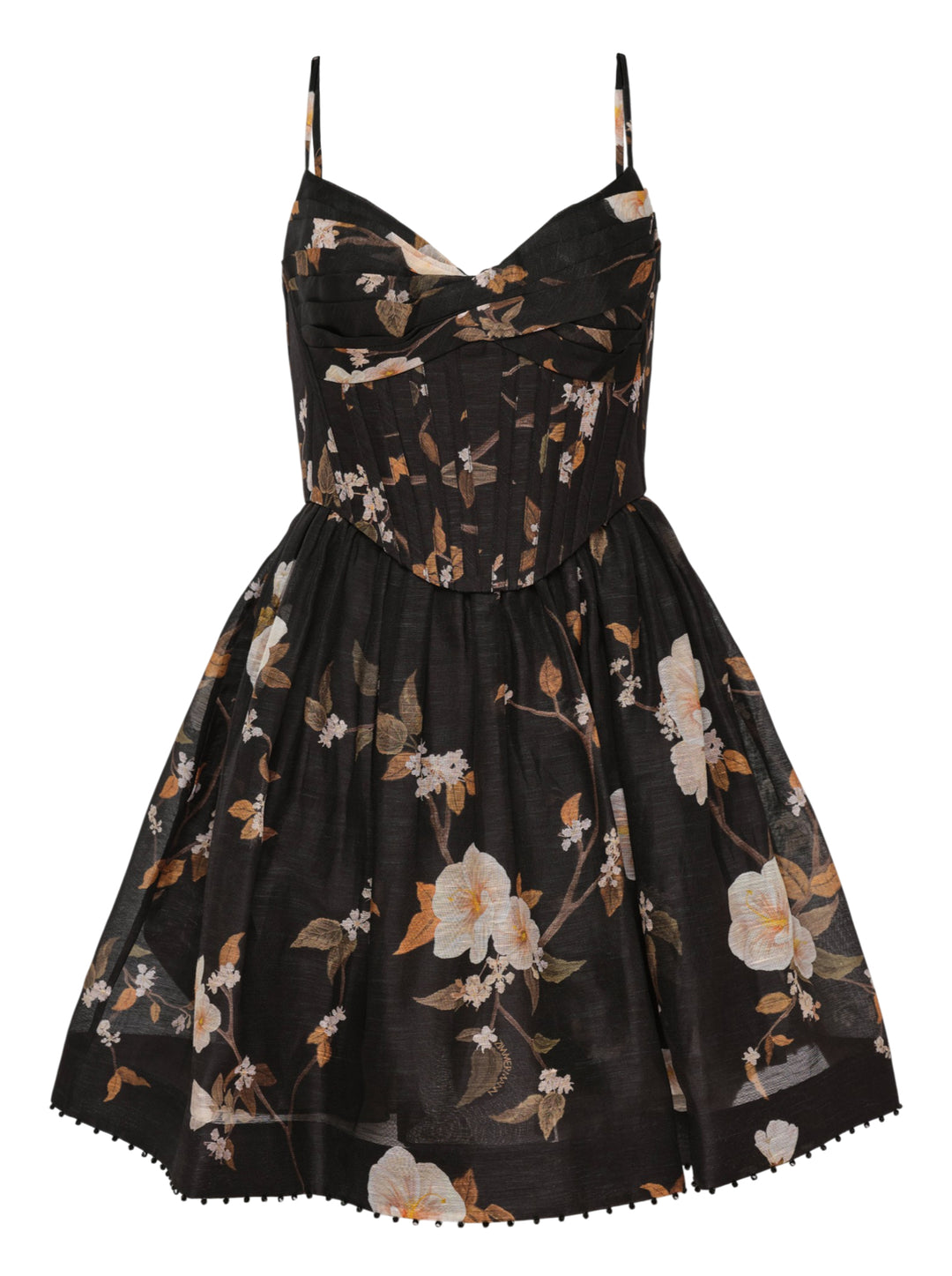 Zimmermann Ascent Corseted Mini Dress in black floral print with sweetheart neckline, structured corset bodice, full circle skirt, and pom-pom hem trim