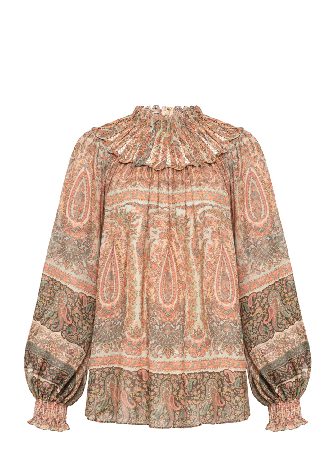 Zimmermann Momentum Rouleau Billow Top in vintage-inspired paisley print with smocked ruffle high neck, voluminous long sleeves and scalloped cuff detailing