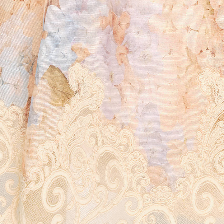 Zimmermann Valiant Tucked Midi Dress in a pastel hydrangea floral print, featuring a structured sweetheart bustier bodice, adjustable spaghetti straps, a self-belt at the waist, and an A-line skirt with ivory lace scrollwork trim at the hem