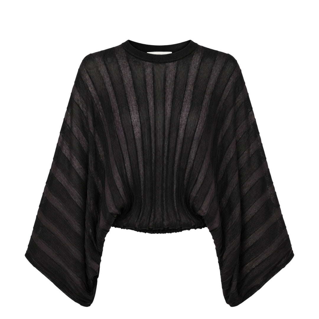 Zimmermann Valiant Drawn Sweater in cream and sand tonal stripe knit, featuring wide batwing sleeves and a radiating stripe pattern from the ribbed crew neckline