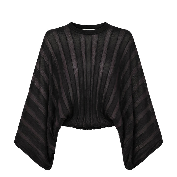 Zimmermann Valiant Drawn Sweater in cream and sand tonal stripe knit, featuring wide batwing sleeves and a radiating stripe pattern from the ribbed crew neckline