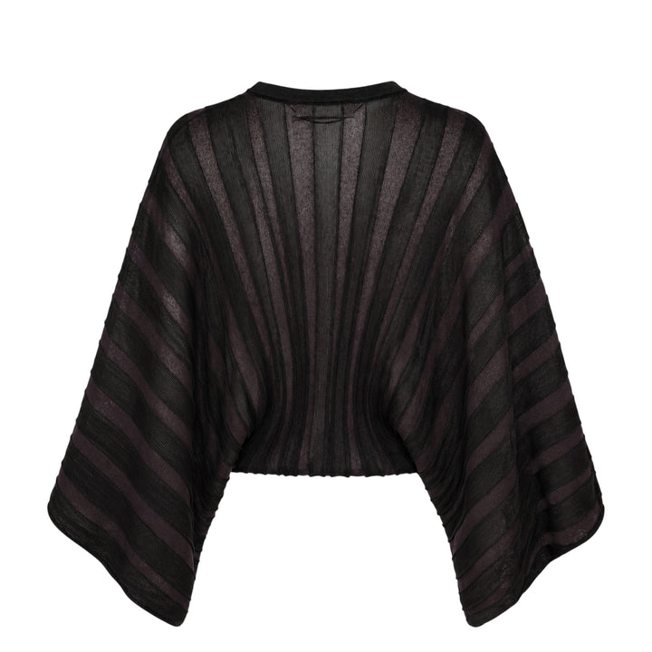 Zimmermann Valiant Drawn Sweater in cream and sand tonal stripe knit, featuring wide batwing sleeves and a radiating stripe pattern from the ribbed crew neckline