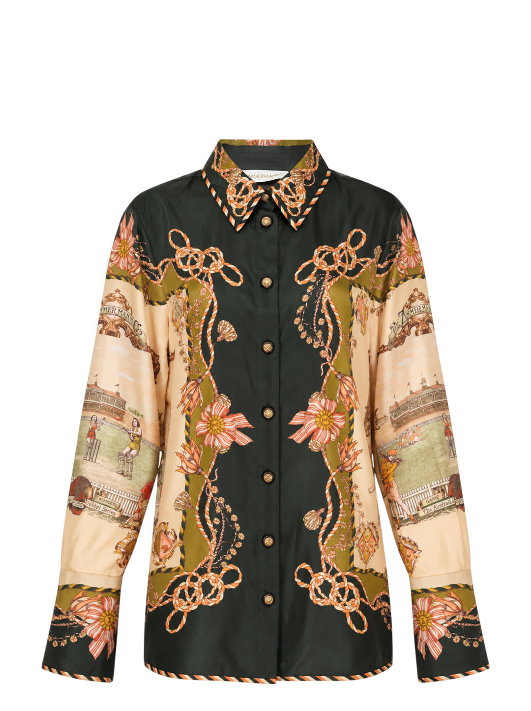 Zimmermann Valiant Twill Shirt with an ornate cricket and floral scarf print in forest green, blush, and ochre, featuring gold-tone press-stud buttons and wide printed cuffs