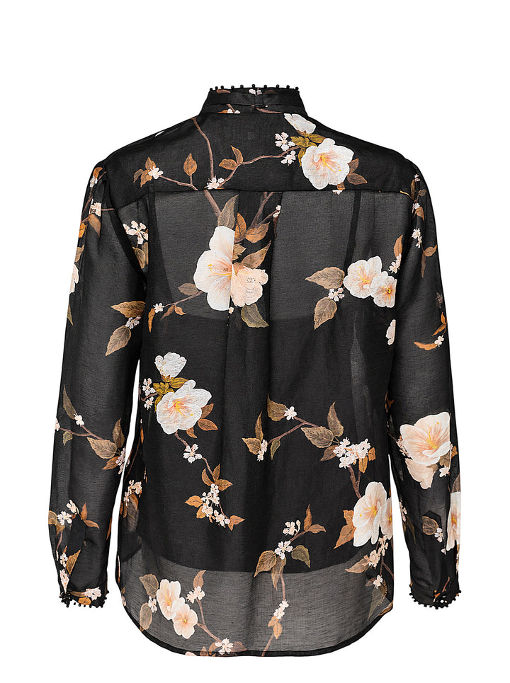 Zimmermann Ascent Embellished Body Shirt in sheer black floral print with ruffled bead-embellished collar, satin ribbon tie, and pom-pom trimmed cuffs - view 2