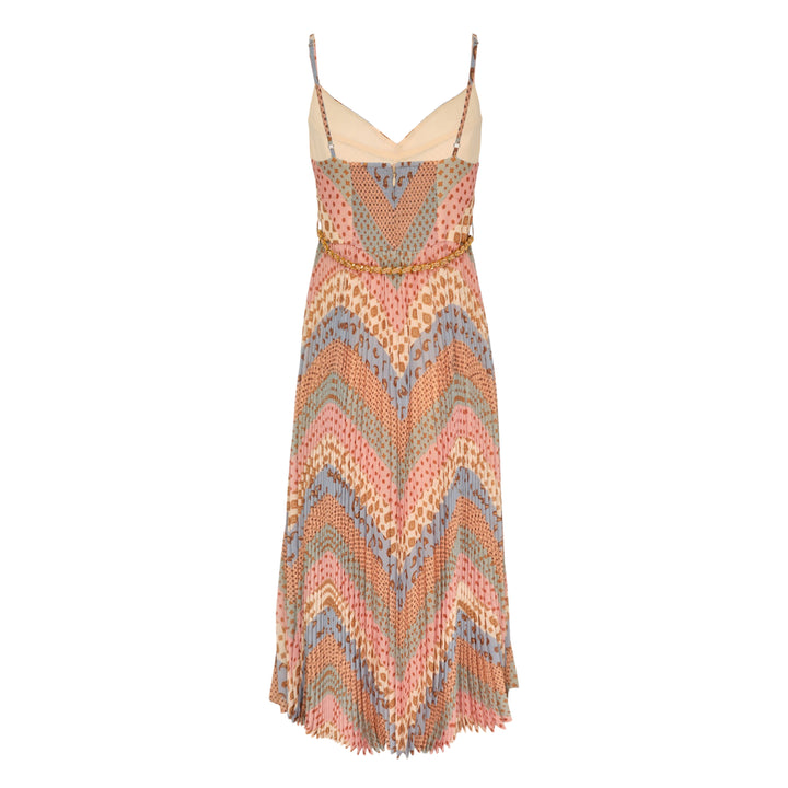 Zimmermann Sunray Pleated Picnic Dress in mixed pastel paisley and geometric prints with accordion pleating and a gold chain waist belt, midi length with V-neckline and spaghetti straps
