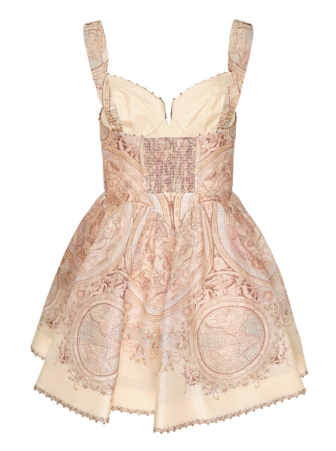 Zimmermann Ascent Drape Mini Dress in blush antique celestial map print, featuring a structured draped bustier bodice, full A-line skirt, wide shoulder straps, and gold beaded trim at the neckline and hem - view 2
