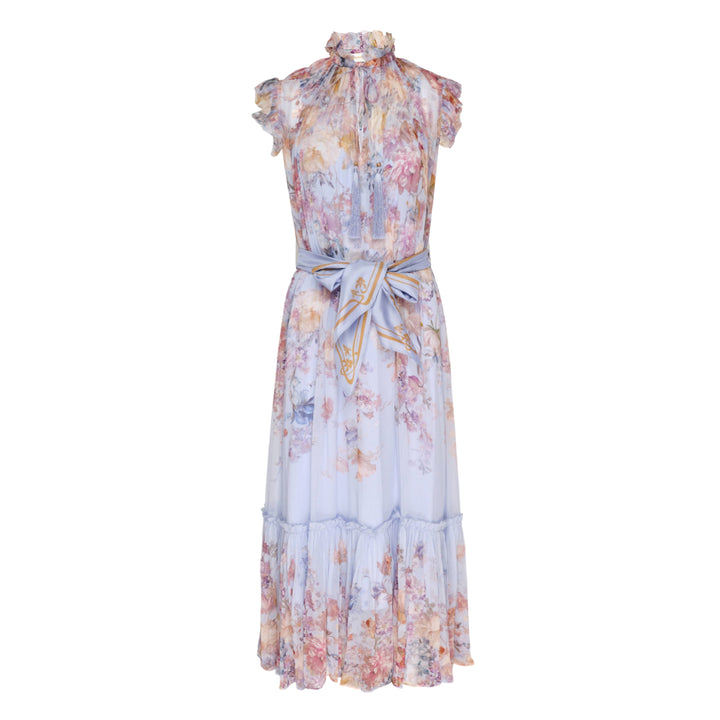 Zimmermann Valiant Flutter Midi Dress in pale blue with watercolour floral print, ruffled high neckline with tassel tie, flutter cap sleeves, printed sash belt, and tiered hem