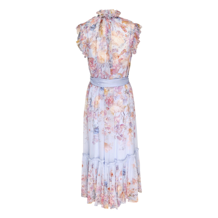 Zimmermann Valiant Flutter Midi Dress in pale blue with watercolour floral print, ruffled high neckline with tassel tie, flutter cap sleeves, printed sash belt, and tiered hem