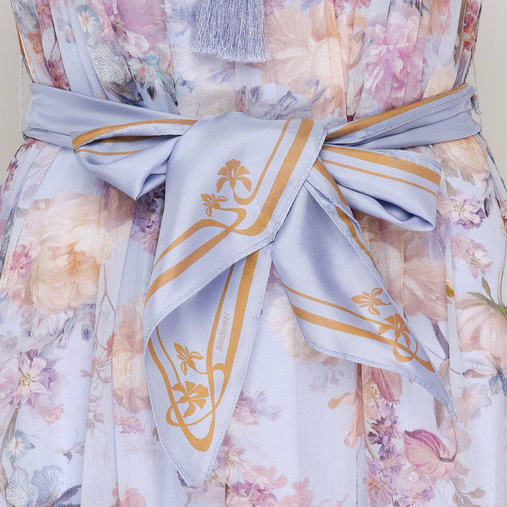 Zimmermann Valiant Flutter Midi Dress in pale blue with watercolour floral print, ruffled high neckline with tassel tie, flutter cap sleeves, printed sash belt, and tiered hem