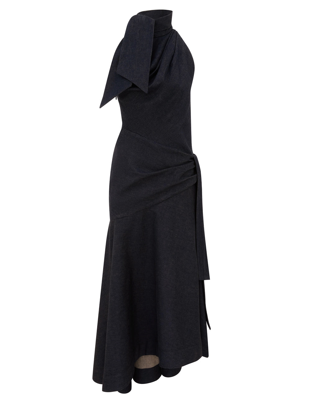 Zimmermann Valiant Draped Denim Dress in a dark washed denim with a bow-tied high neckline, draped waist with side tie and asymmetric flared hem