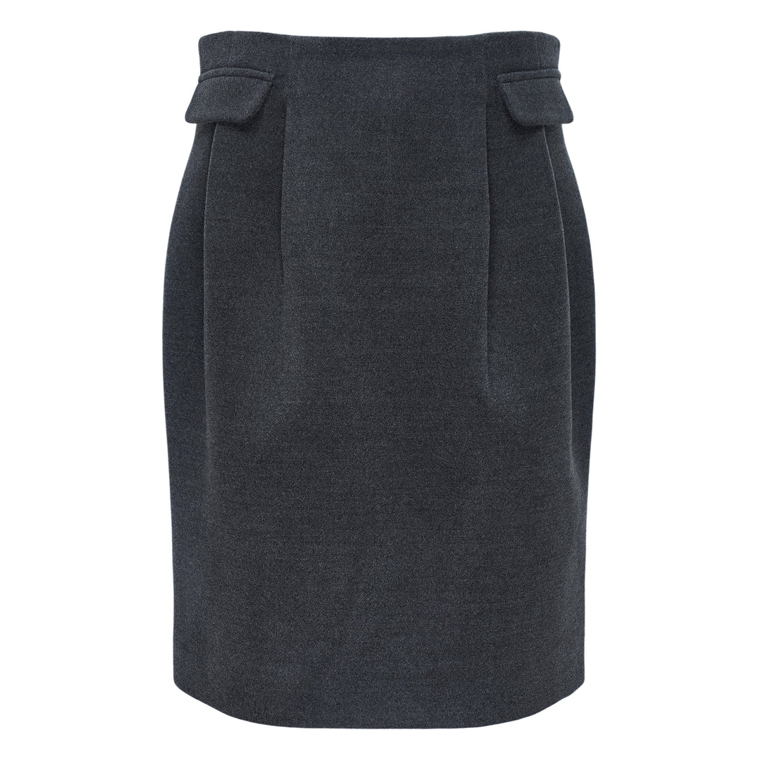 SHUSHU/TONG Decorative Flap Pocket Skirt in charcoal grey, featuring a tulip silhouette, front pleat panels, and decorative flap accents at the waistband