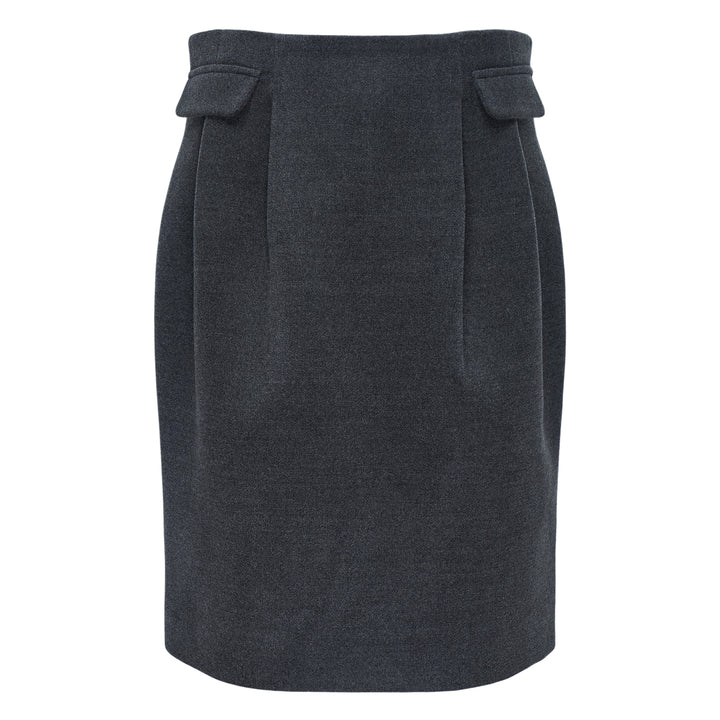 SHUSHU/TONG Decorative Flap Pocket Skirt in charcoal grey, featuring a tulip silhouette, front pleat panels, and decorative flap accents at the waistband