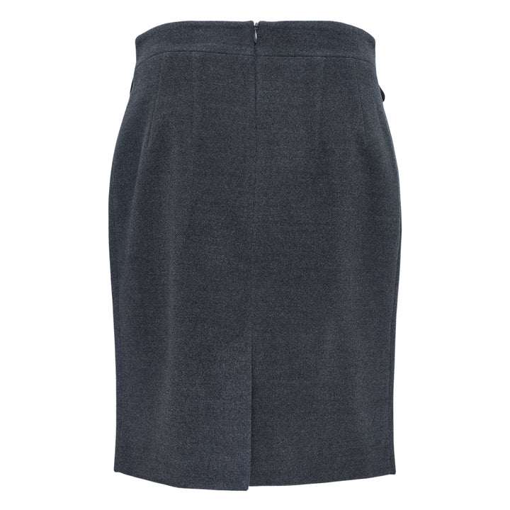 SHUSHU/TONG Decorative Flap Pocket Skirt in charcoal grey, featuring a tulip silhouette, front pleat panels, and decorative flap accents at the waistband