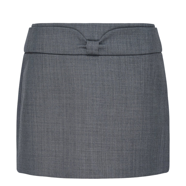 SHUSHU/TONG grey structured mini skirt with self-fabric bow detail at the low-rise waistband, front view on white background