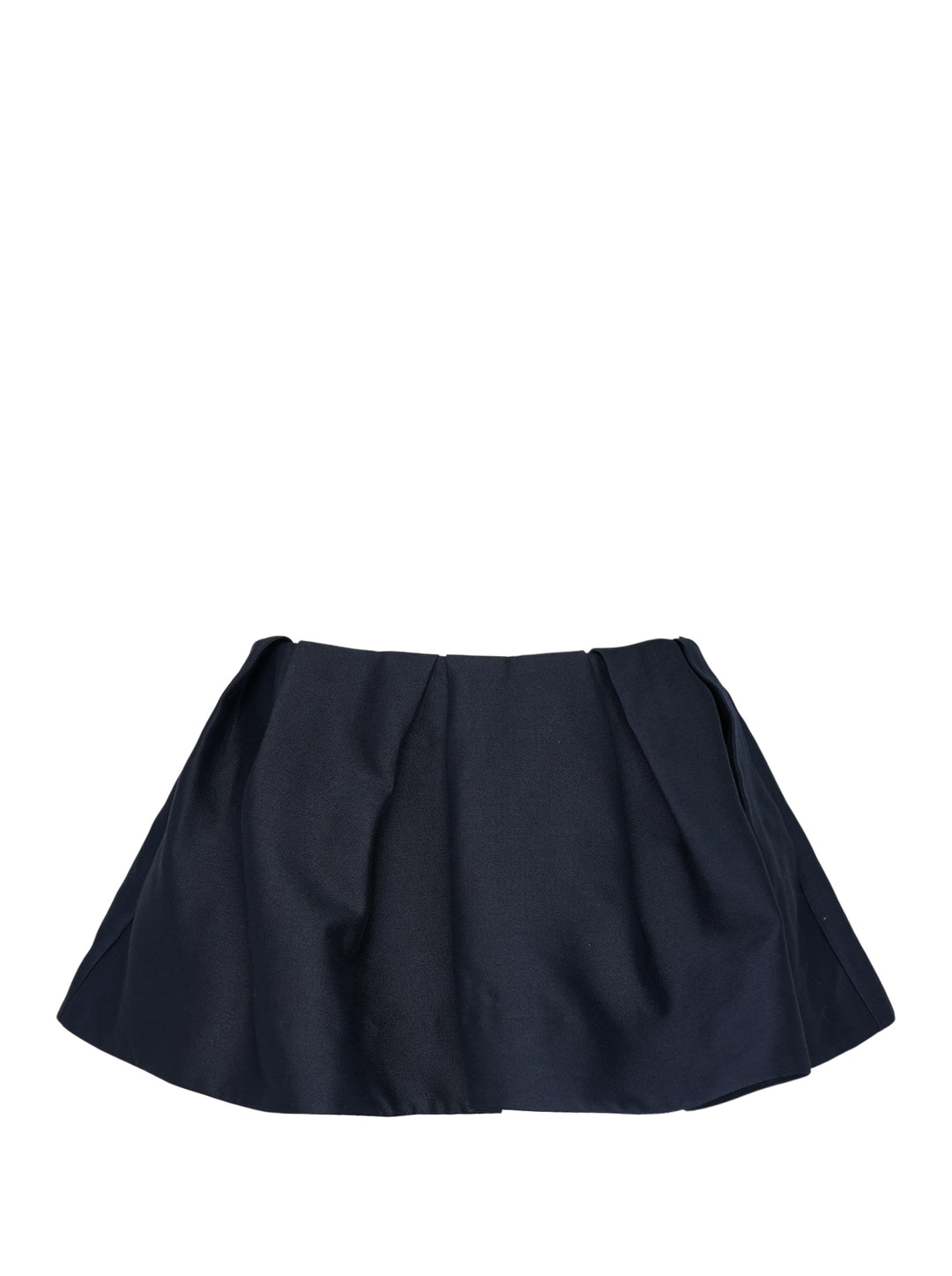 SHUSHU/TONG Pleated Mini Skirt in deep navy, featuring a fitted waistband, front pleat, and full voluminous flared hem, shown flat on a white background