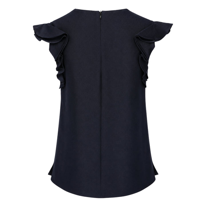 SHUSHU/TONG navy woven top with pink beaded crystal and pearl neckline embellishment and tiered double-ruffle flutter sleeves, front view on white background