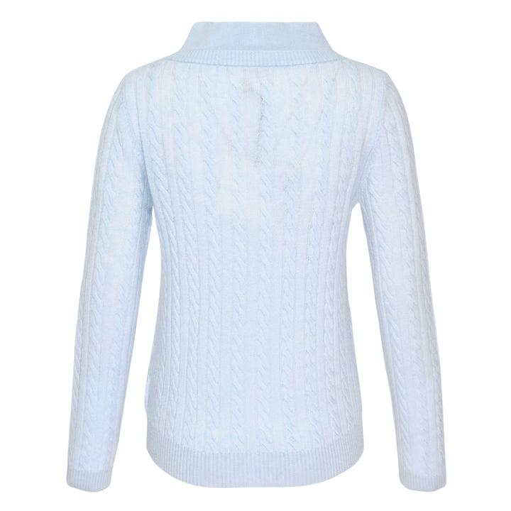 SHUSHU/TONG V-Neck Cable Knit Sweater in baby blue with open collar, all-over cable texture, and ribbed cuffs and hem