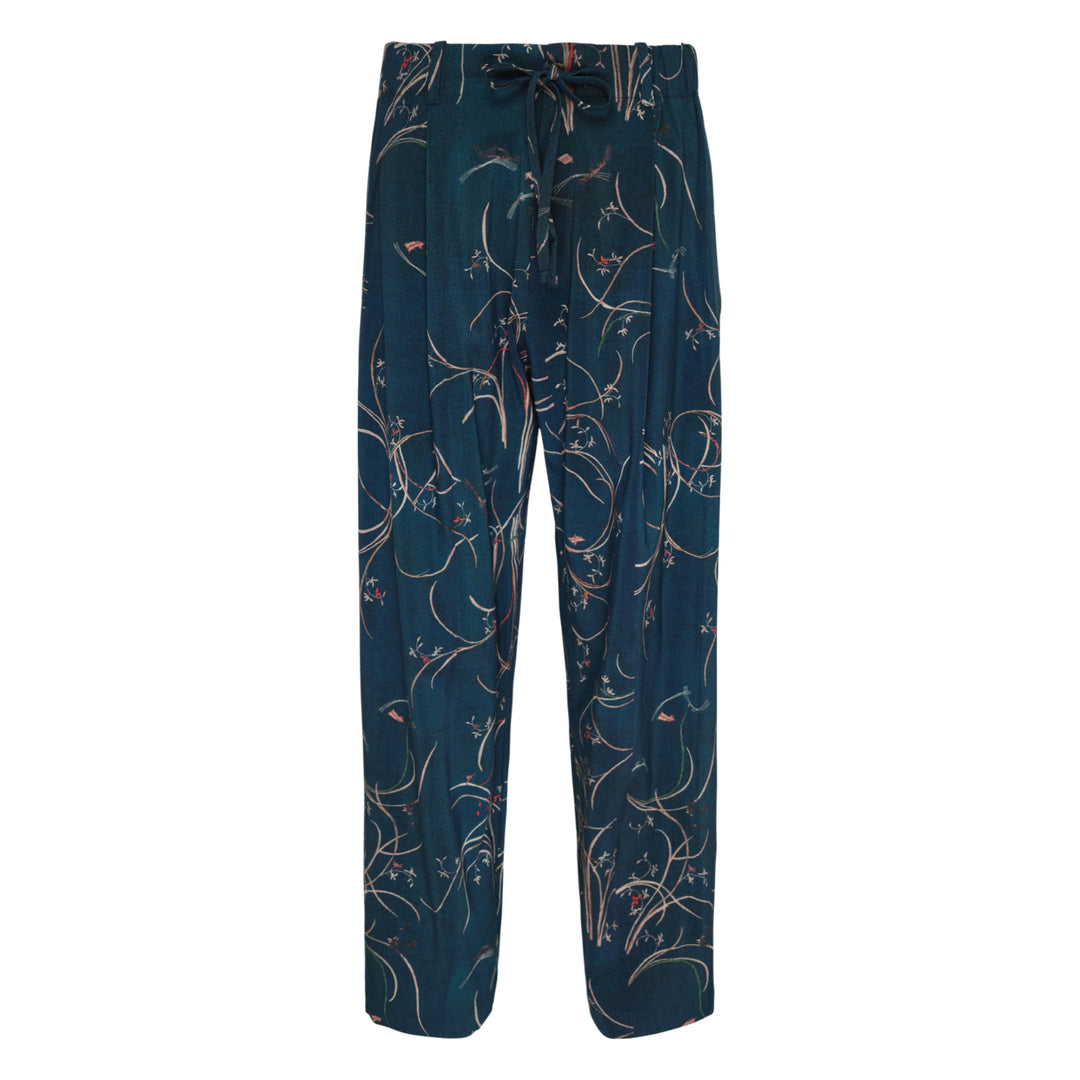 Pierre-Louis Mascia Dylan trousers in deep teal with an all-over swirling botanical print in blush and coral tones, featuring a drawstring waistband and front pleats