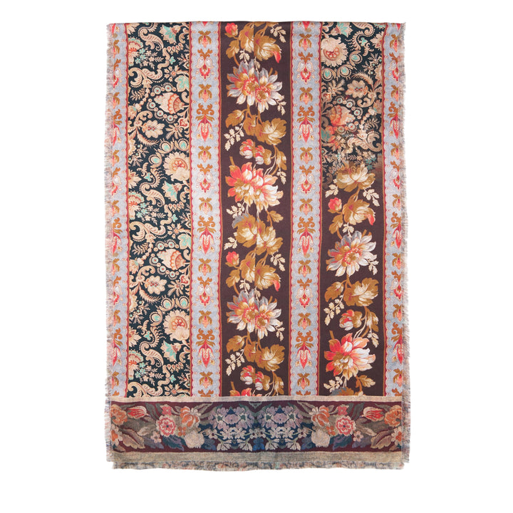 Pierre-Louis Mascia Fancy floral printed scarf laid flat, showing vertical stripe composition with botanical bouquets on teal and burgundy grounds, pale blue ornamental borders, and fringe trim at the hem