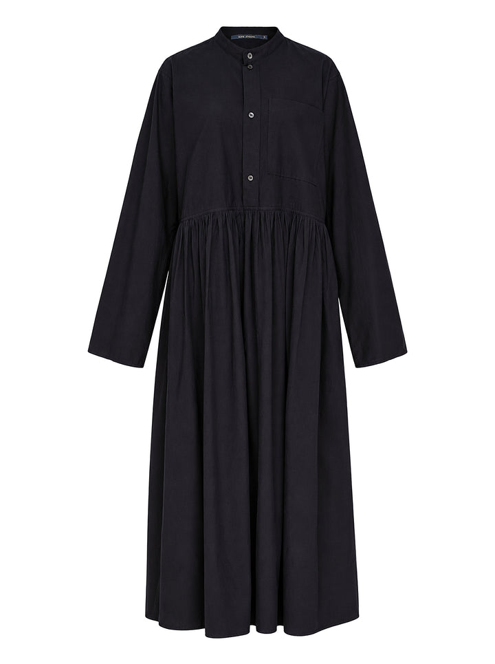 Sofie D'Hoore black long sleeve full length shirt dress with band collar, button placket, chest patch pocket and gathered skirt