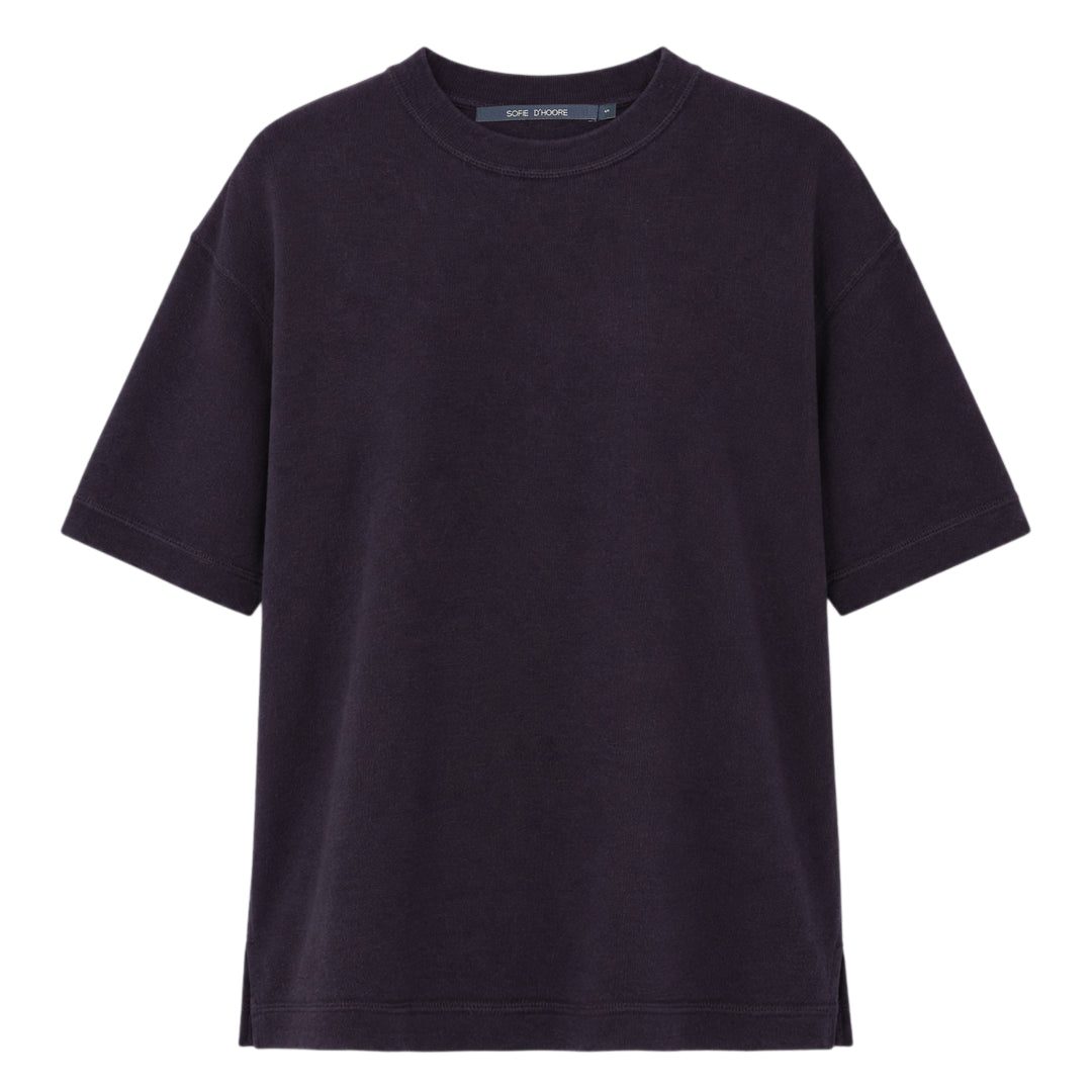 Sofie D'Hoore short sleeve jersey knit top in heather grey, featuring a relaxed oversized silhouette, ribbed crewneck, and curved hem with side vents