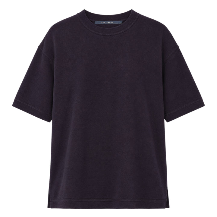 Sofie D'Hoore short sleeve jersey knit top in heather grey, featuring a relaxed oversized silhouette, ribbed crewneck, and curved hem with side vents
