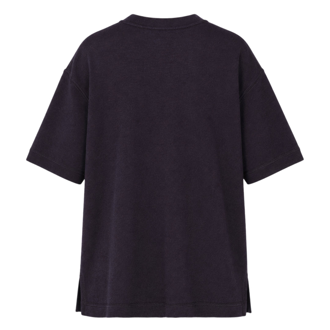 Sofie D'Hoore short sleeve jersey knit top in heather grey, featuring a relaxed oversized silhouette, ribbed crewneck, and curved hem with side vents