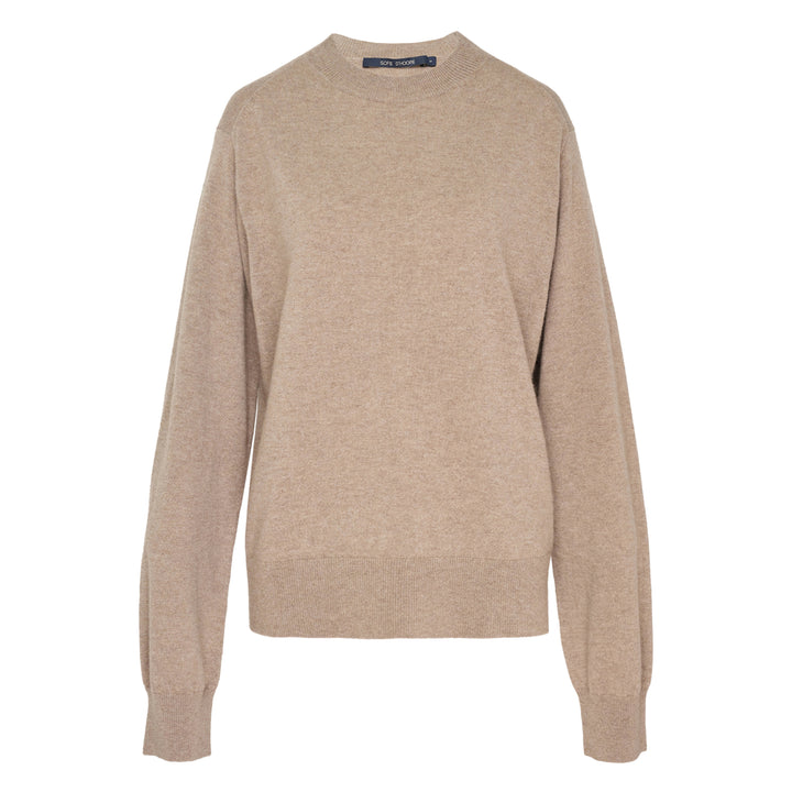 Sofie D'Hoore long sleeve crew neck sweater in camel marl knit with ribbed collar, cuffs, and hem, displayed flat on a white background