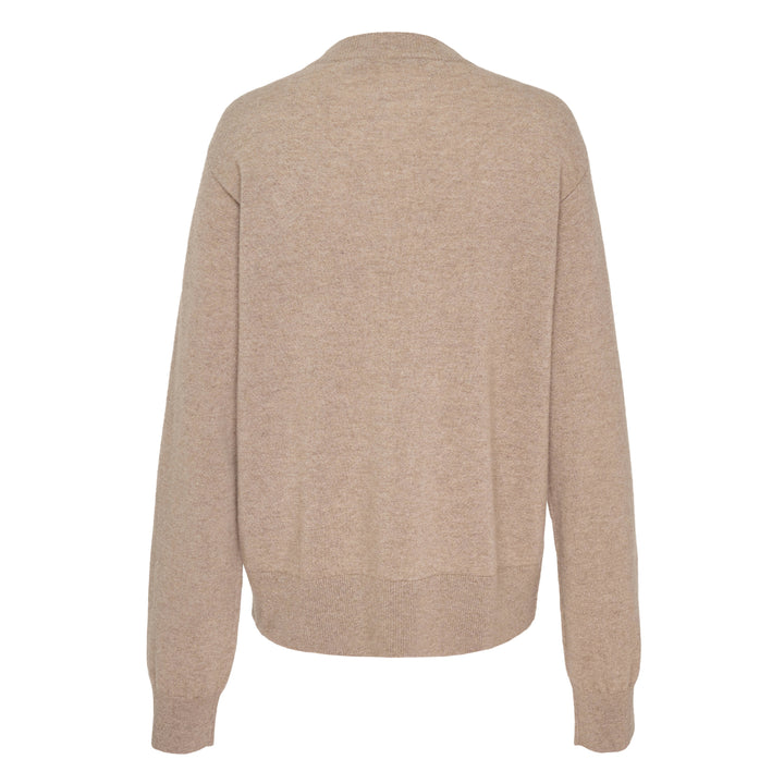 Sofie D'Hoore long sleeve crew neck sweater in camel marl knit with ribbed collar, cuffs, and hem, displayed flat on a white background