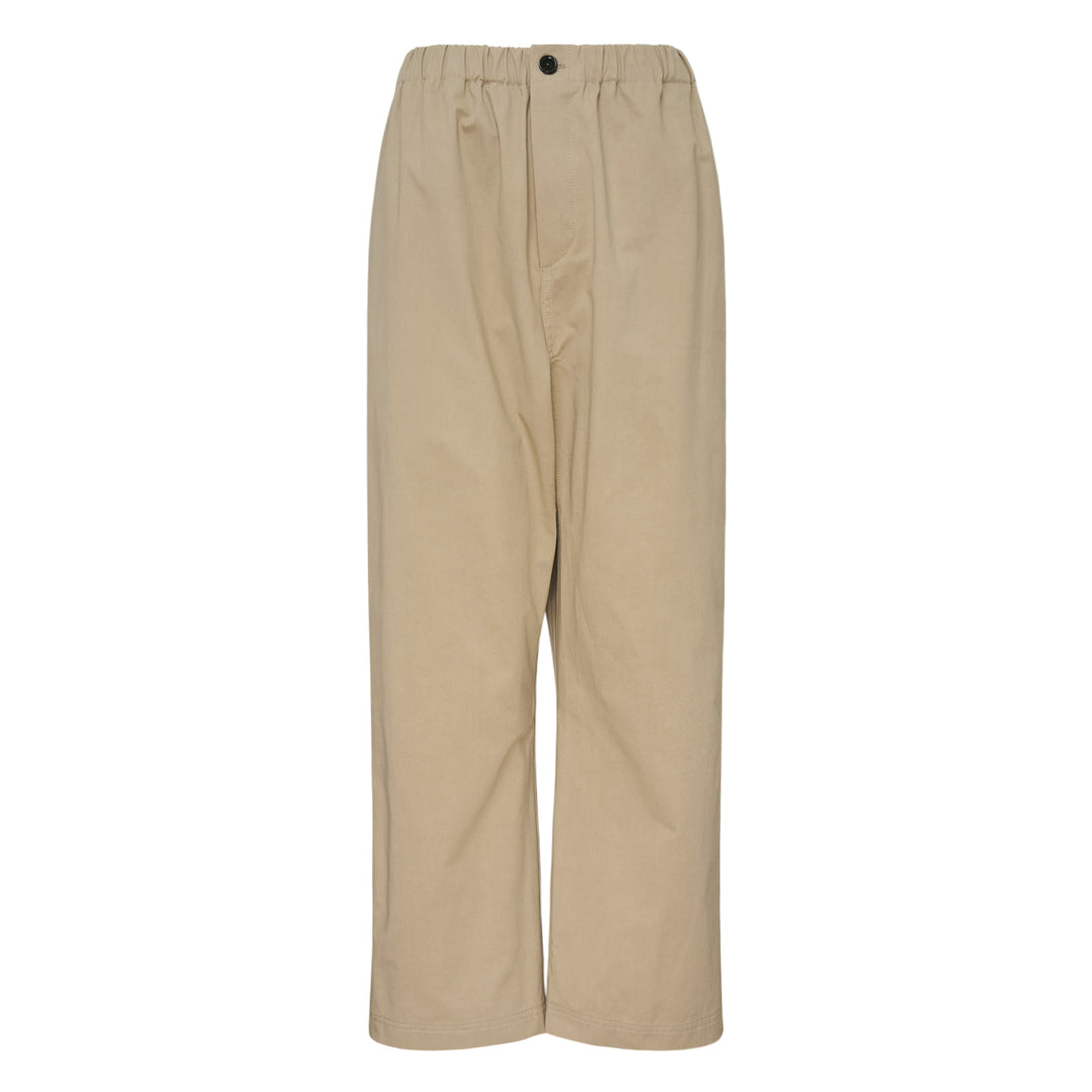 Sofie D'Hoore Elastic Low Crotch Pants in khaki, displayed flat — wide-leg silhouette with elasticated waistband and single button fastening