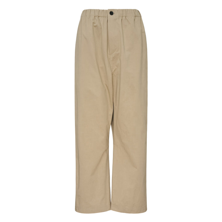 Sofie D'Hoore Elastic Low Crotch Pants in khaki, displayed flat — wide-leg silhouette with elasticated waistband and single button fastening