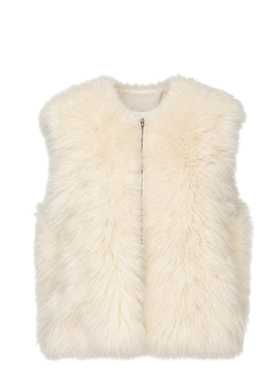 Musée RA cream fur vest with round neckline and centre zip fastening, shown flat against a white background