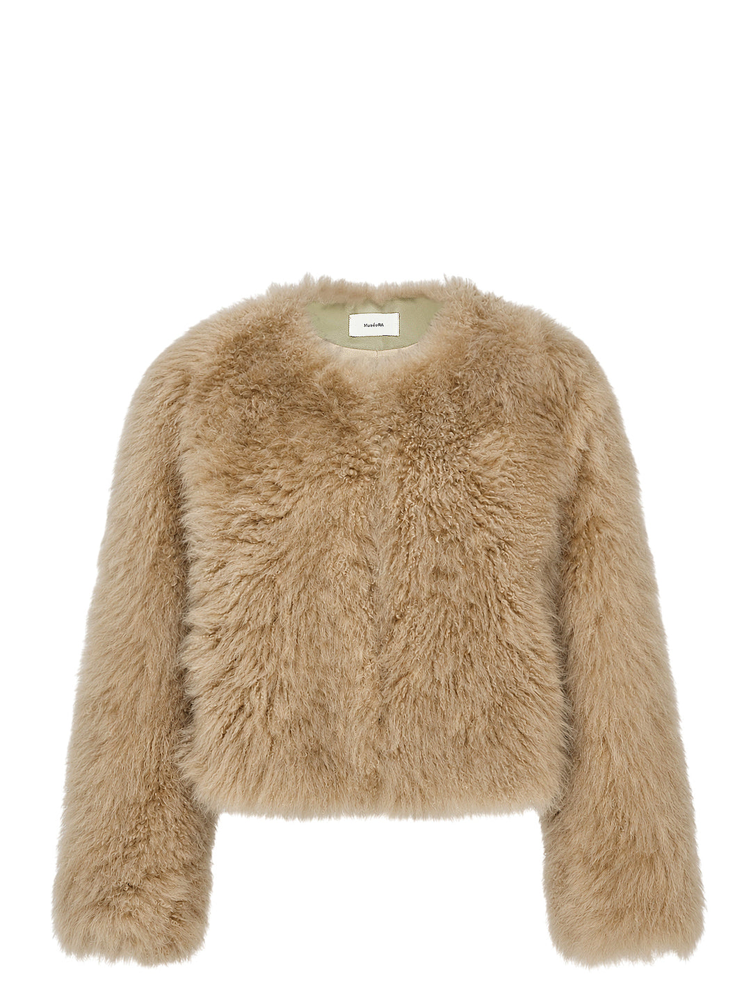 MuséeRA cropped faux fur jacket in camel with a collarless round neckline and plush textured pile