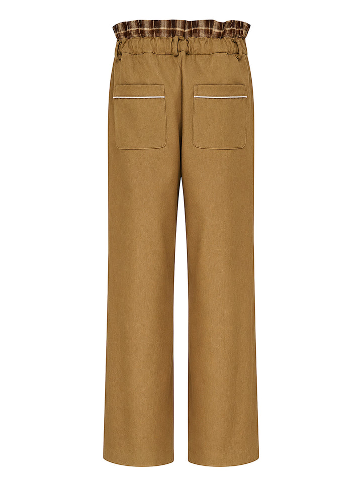 Musée RA camel straight-leg pants with a layered plaid waistband, brown drawstring tie and contrast side piping, shown from the front - view 2