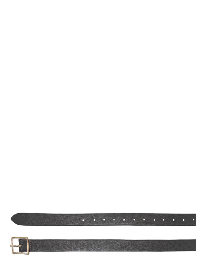 Lauren Manoogian Plata black grained leather belt with antiqued brass square buckle, shown coiled - view 2