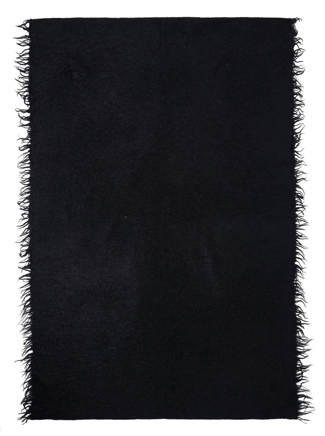 Black soft brushed rectangular scarf with feathered fringe edges, shown flat