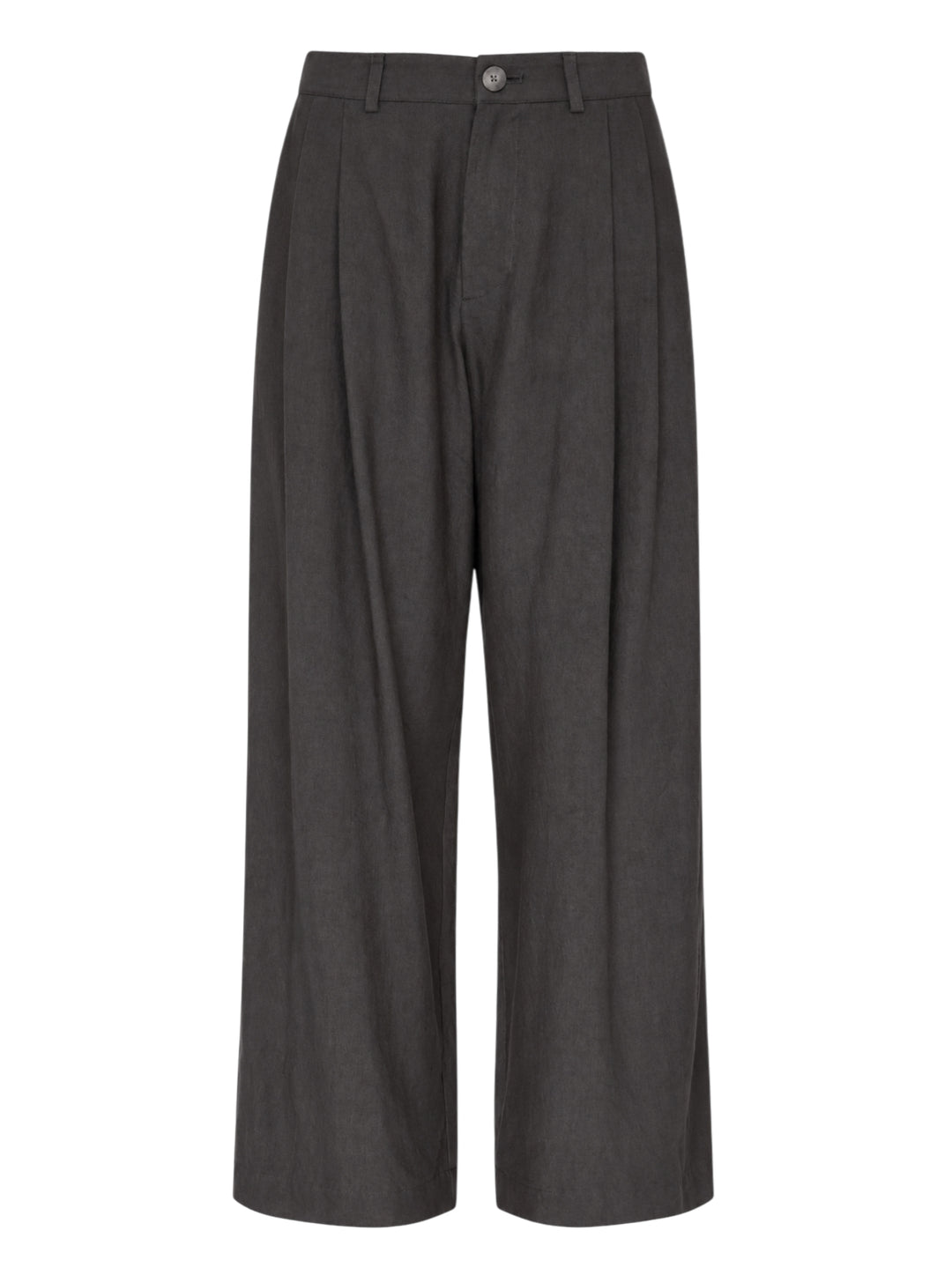 Lauren Manoogian Soft Trousers in charcoal with front pleats, high waist and wide cropped leg, shown flat from the front
