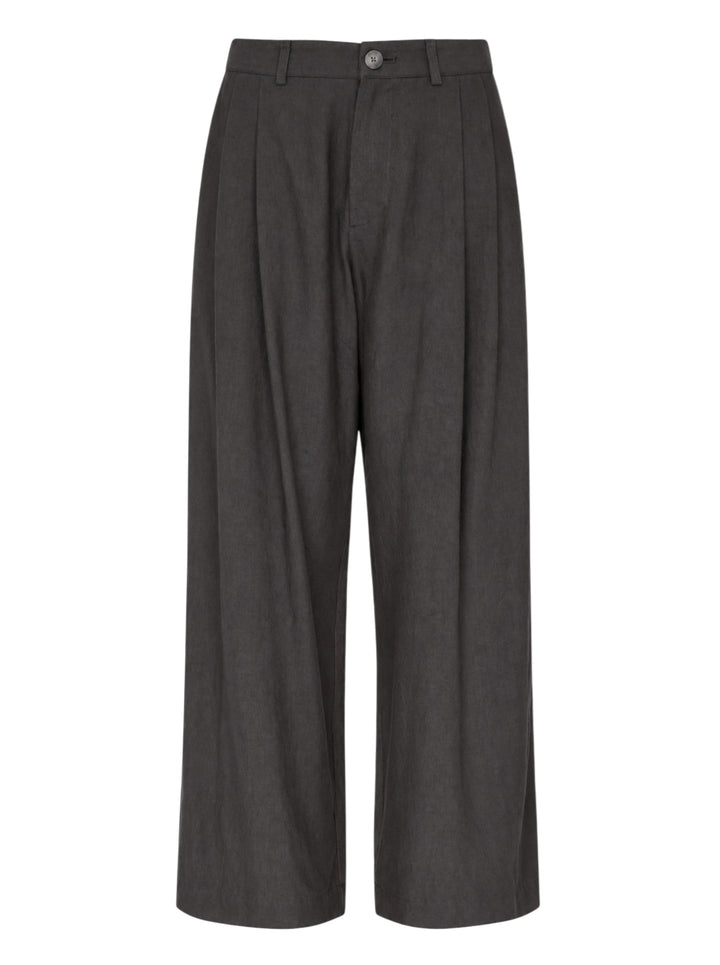 Lauren Manoogian Soft Trousers in charcoal with front pleats, high waist and wide cropped leg, shown flat from the front