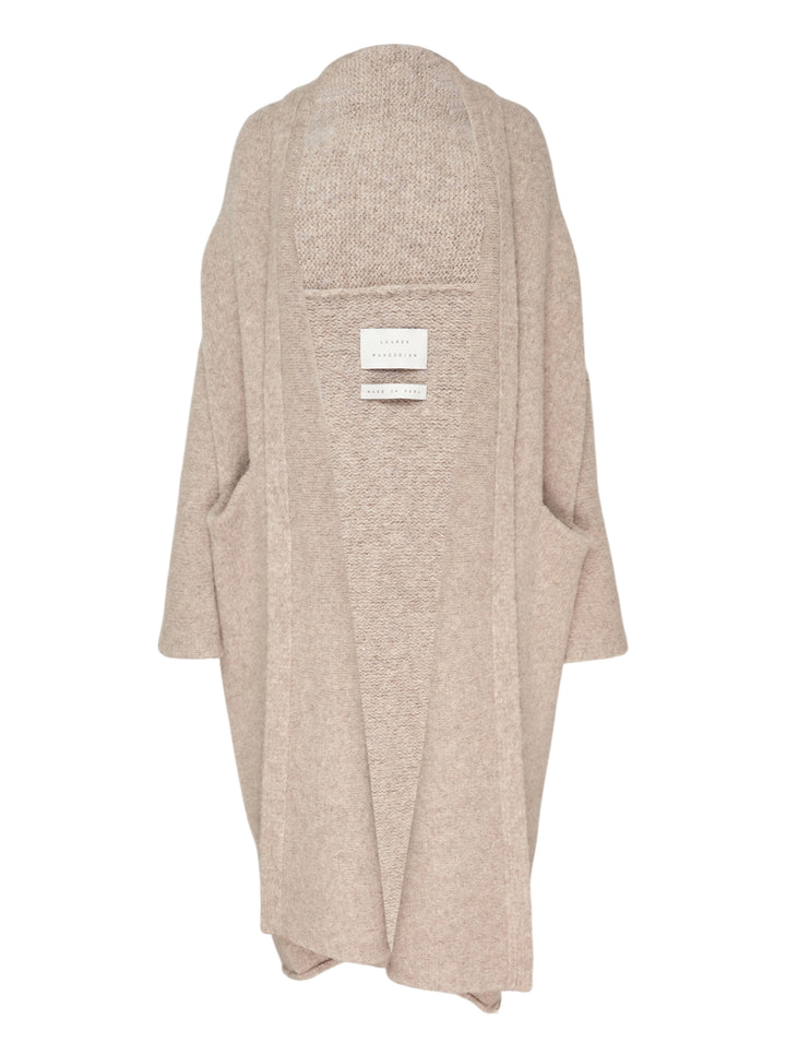 Lauren Manoogian Long Shawl Cardigan in heathered oatmeal, laid flat showing open-front silhouette, wide shawl collar, hip pockets, and woven brand label