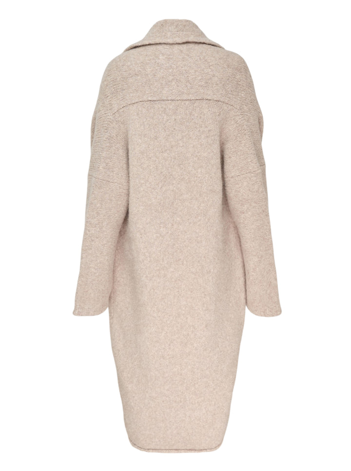 Lauren Manoogian Long Shawl Cardigan in heathered oatmeal, laid flat showing open-front silhouette, wide shawl collar, hip pockets, and woven brand label - view 2